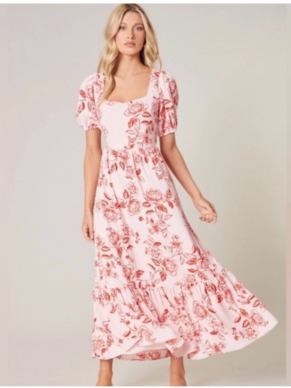 Sugarlips Pink Peony Floral Puff-Sleeve Maxi Dress Pink Red